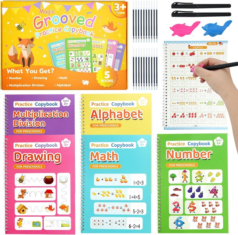 Elover Magic Grooved Writing Practice for Kid-Grooved Handwriting Practice for Kid 5-7 8-10- Magic Copybooks for KidsAges 3-5 Toys for Ages 5-7 Preschool Learning Activities Christmas Gifts (5 Book) - Image 1